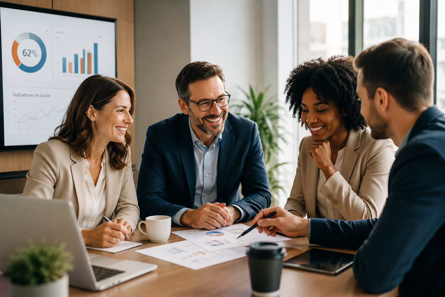 Profissionais colaborando em uma reunião de trabalho