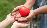 The red rubber heart on hands of elderly and child. Showed the cooperate, love, care, charity of people with differences diversity for sustain develop of farmer, community, society and the environment